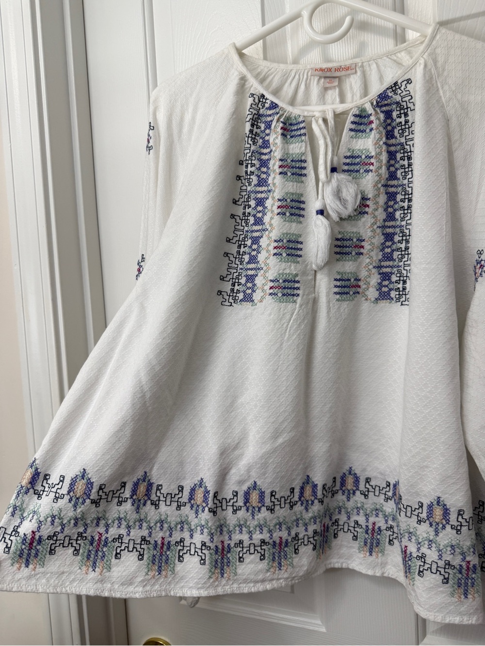 Knox Rose White Embroidered Peasant Tunic with Blue & Pink Accents - Picture 4 of 7